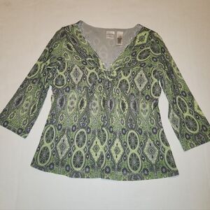 VTG Y2K Green Purple Paisley Babydoll V-Neck Blouse Petite Medium PM EUc
